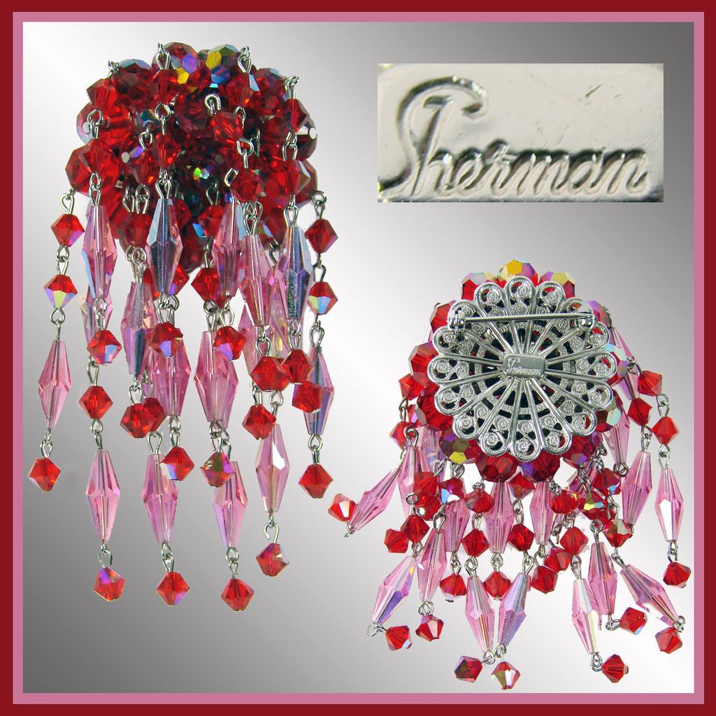Sherman Red & Pink Crystal Brooch Dangling Waterfall - Poppy's Vintage Clothing