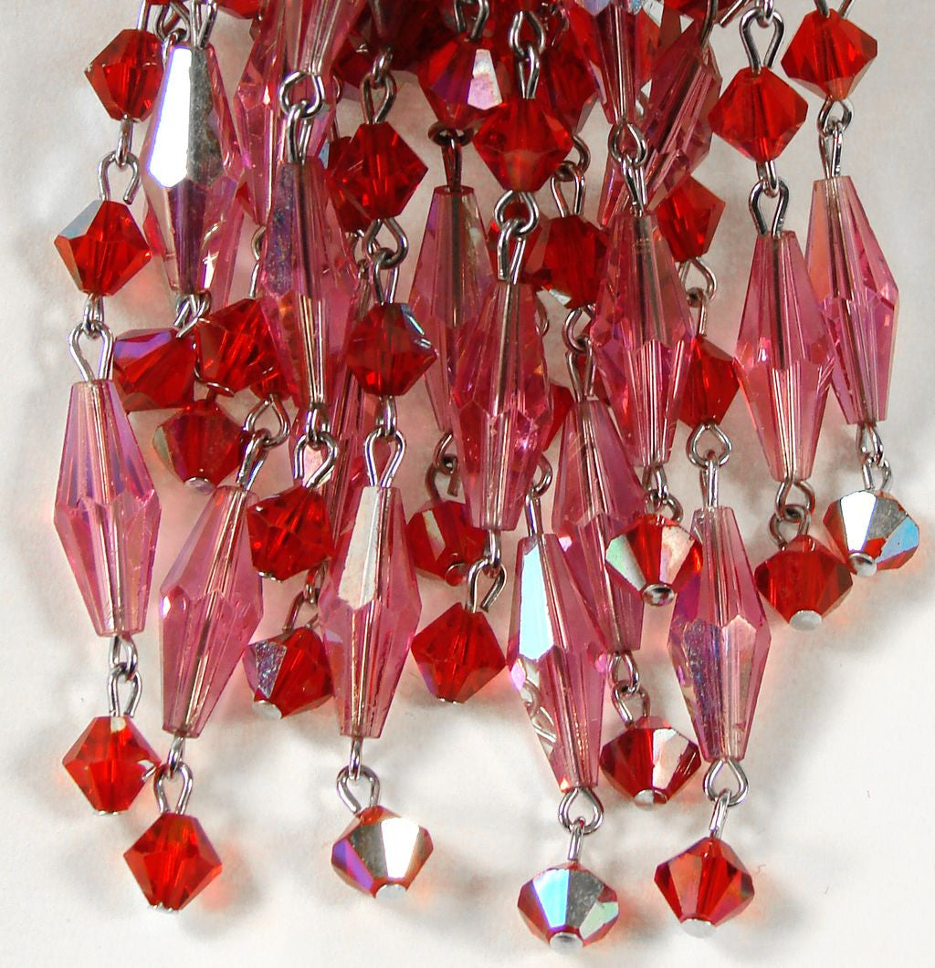 Sherman Red & Pink Crystal Brooch Dangling Waterfall - Poppy's Vintage Clothing