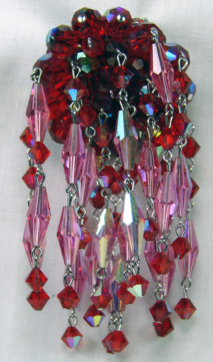 Sherman Red & Pink Crystal Brooch Dangling Waterfall - Poppy's Vintage Clothing