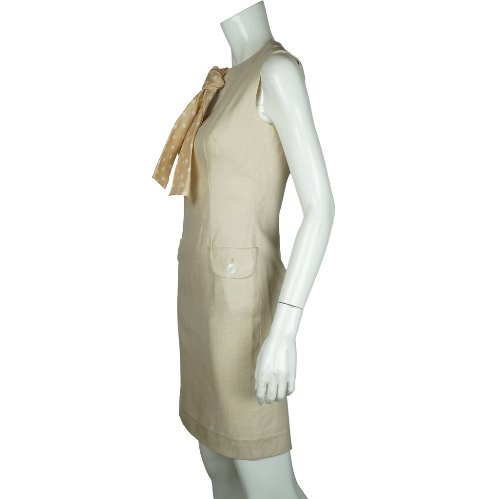 Vintage 60s Summer Dress Sleeveless Beige Linen Sheath Sz M - Poppy's Vintage Clothing