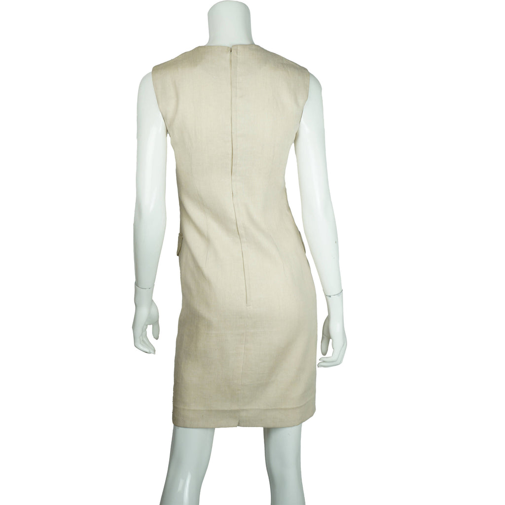 Vintage 60s Summer Dress Sleeveless Beige Linen Sheath Sz M - Poppy's Vintage Clothing