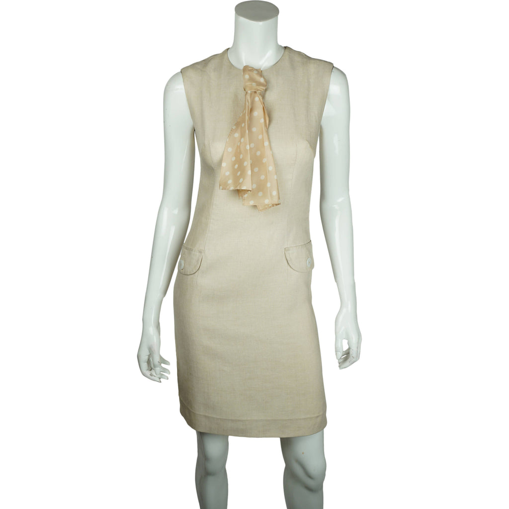Vintage 60s Summer Dress Sleeveless Beige Linen Sheath Sz M - Poppy's Vintage Clothing