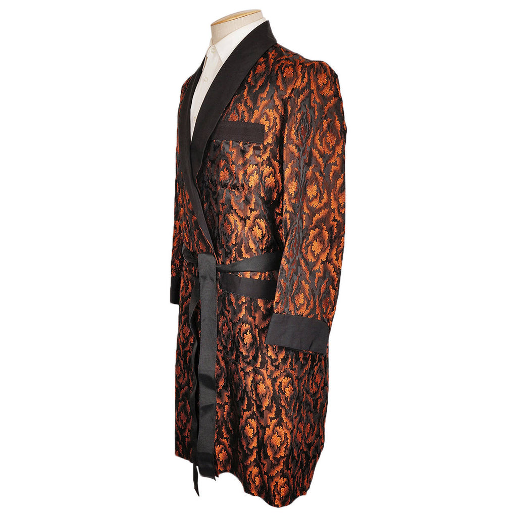 Vintage 1950s Mens Dressing Gown Orange and Black Pattern Lounging Robe S M - Poppy's Vintage Clothing