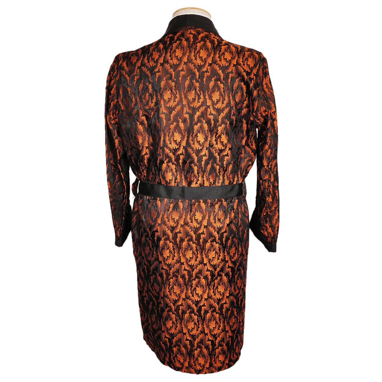Vintage 1950s Mens Dressing Gown Orange and Black Pattern Lounging Robe S M - Poppy's Vintage Clothing