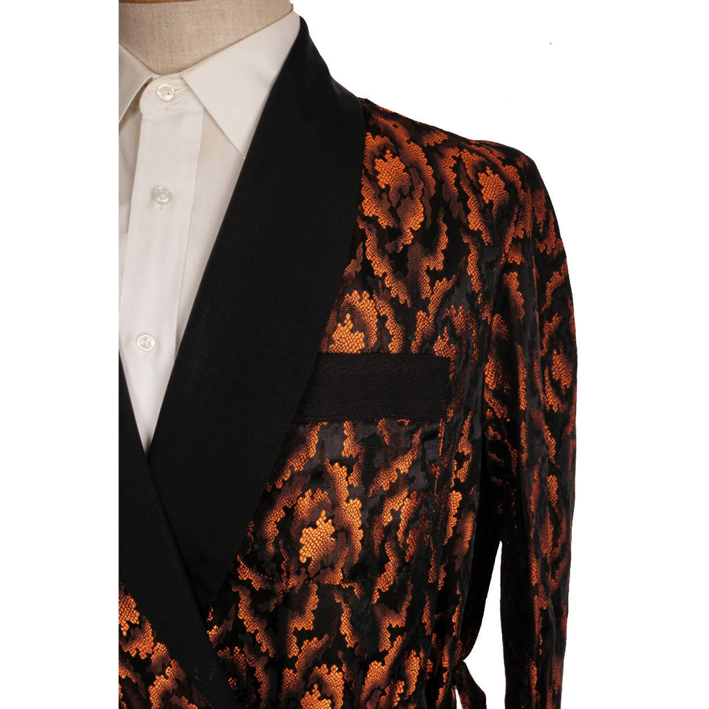 Vintage 1950s Mens Dressing Gown Orange and Black Pattern Lounging Robe S M - Poppy's Vintage Clothing