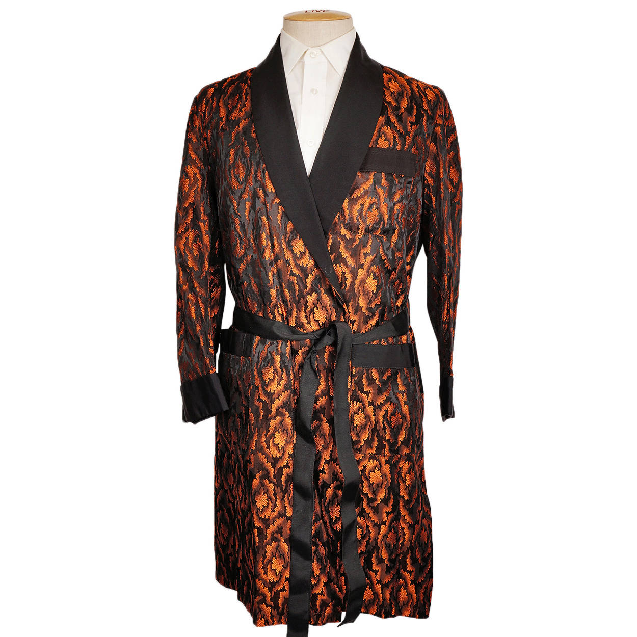 Vintage 1950s Mens Dressing Gown Orange and Black Pattern Lounging Robe S M - Poppy's Vintage Clothing