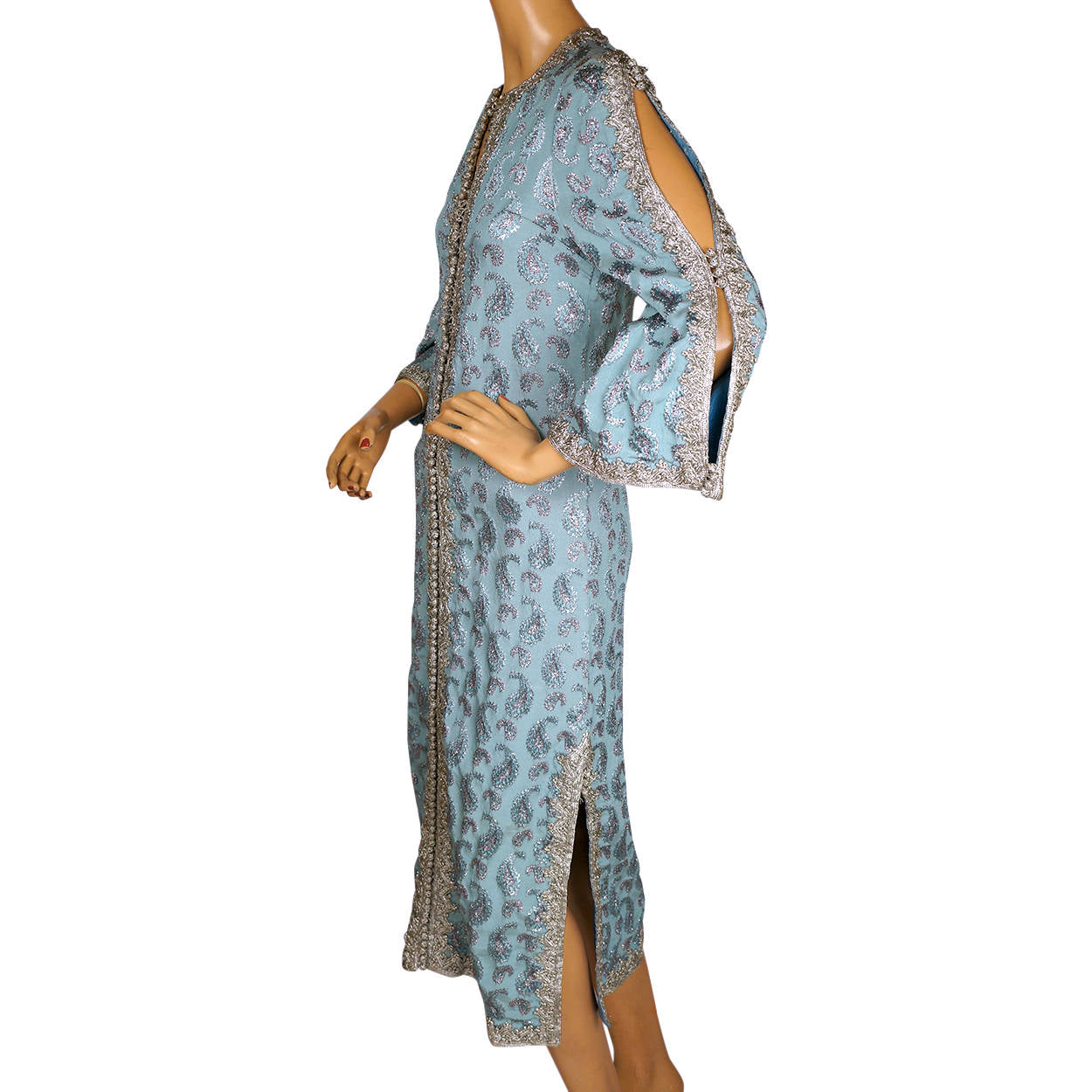 Vintage 1960s Moroccan Caftan Dress Robe Woven Silk Brocade - Size Small - Poppy's Vintage Clothing