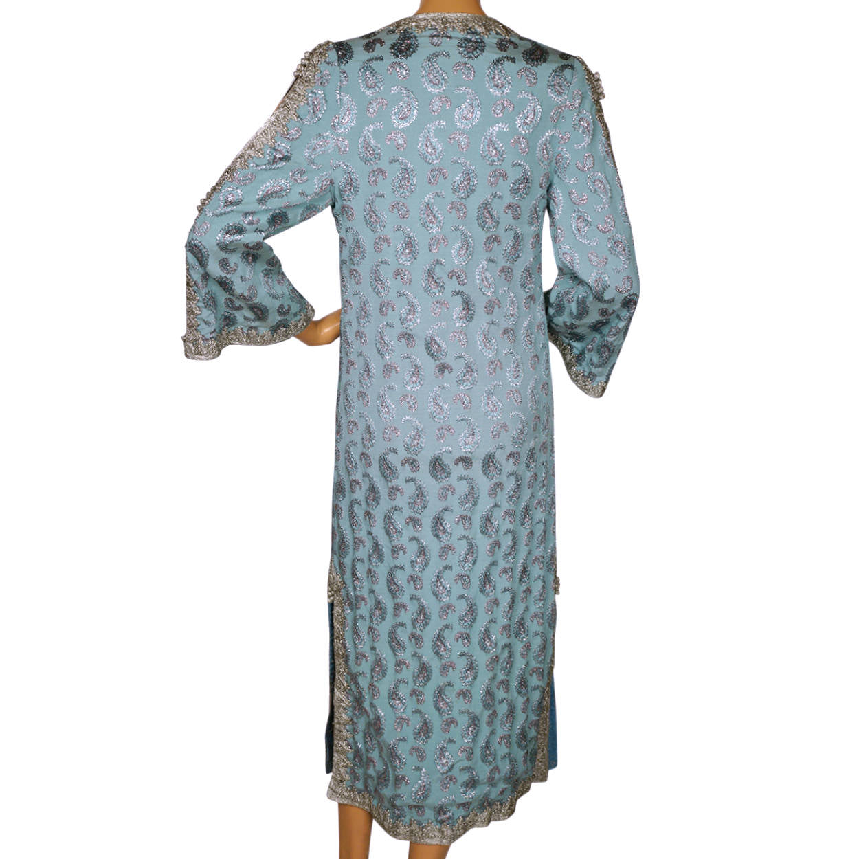 Vintage 1960s Moroccan Caftan Dress Robe Woven Silk Brocade - Size Small - Poppy's Vintage Clothing