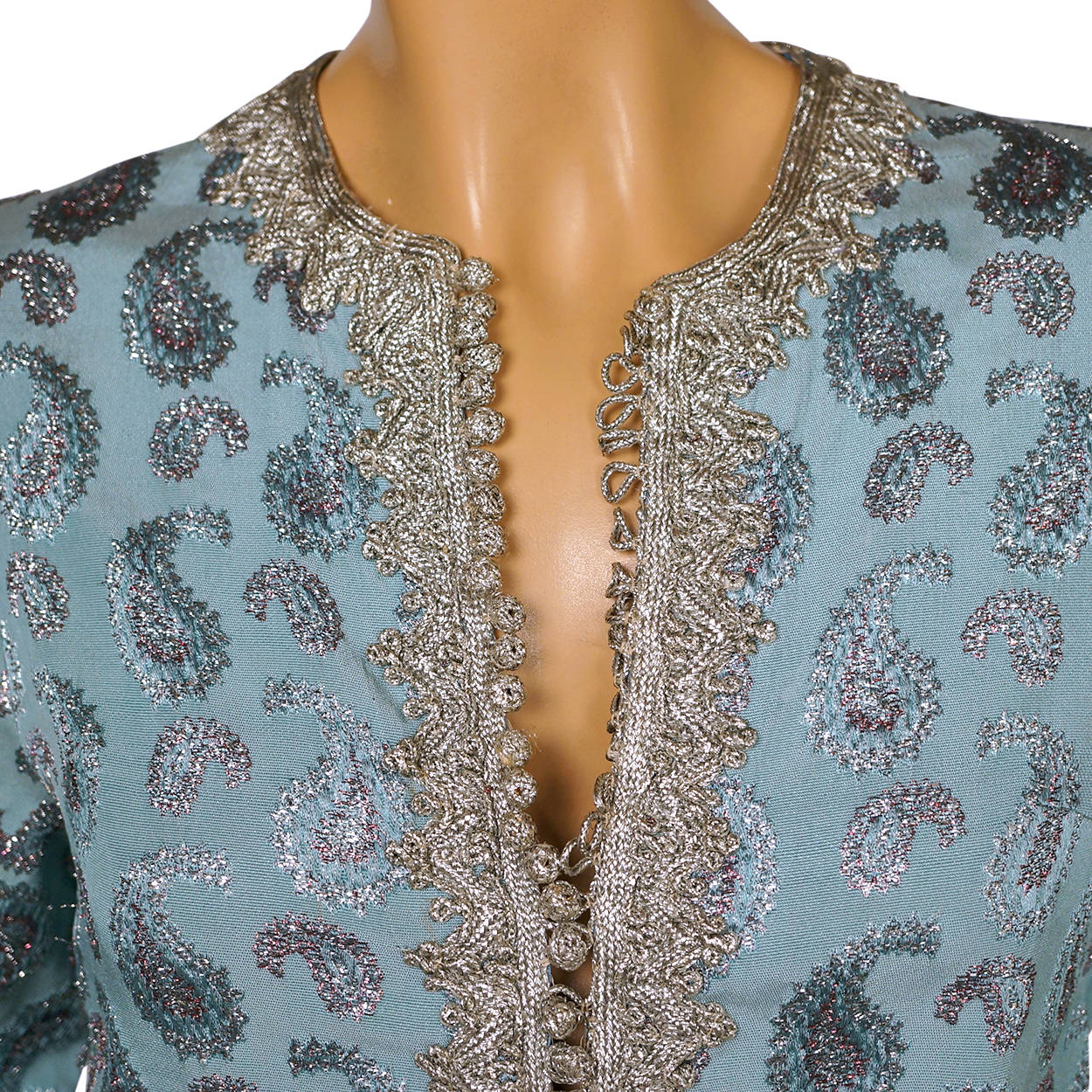 Vintage 1960s Moroccan Caftan Dress Robe Woven Silk Brocade - Size Small - Poppy's Vintage Clothing