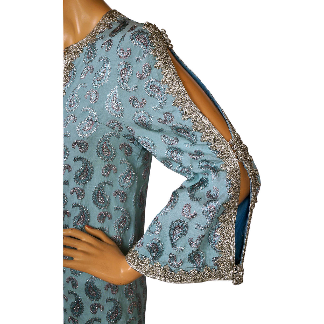 Vintage 1960s Moroccan Caftan Dress Robe Woven Silk Brocade - Size Small - Poppy's Vintage Clothing