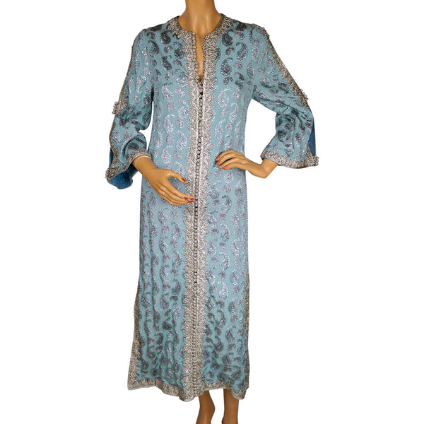 Vintage 1960s Moroccan Caftan Dress Robe Woven Silk Brocade - Size Small - Poppy's Vintage Clothing