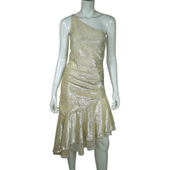 Vintage 1970s Disco Party Dress Silver Metallic Lamé One Shoulder Size Small - Poppy's Vintage Clothing