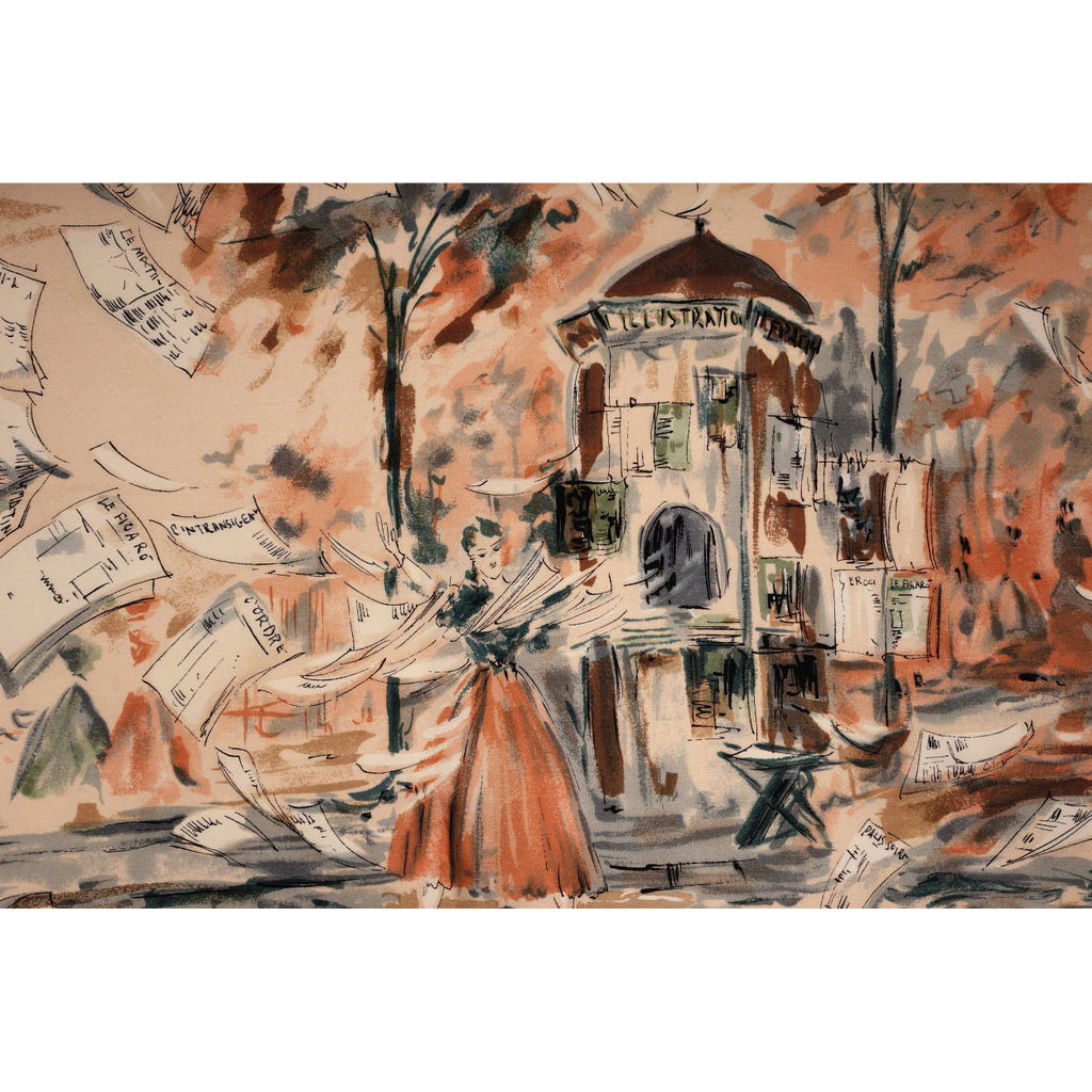 Vintage 1950s Silk Twill Scarf Windy Paris Street Scene Illustration Newspapers - Poppy's Vintage Clothing