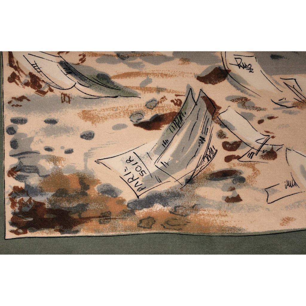 Vintage 1950s Silk Twill Scarf Windy Paris Street Scene Illustration Newspapers - Poppy's Vintage Clothing