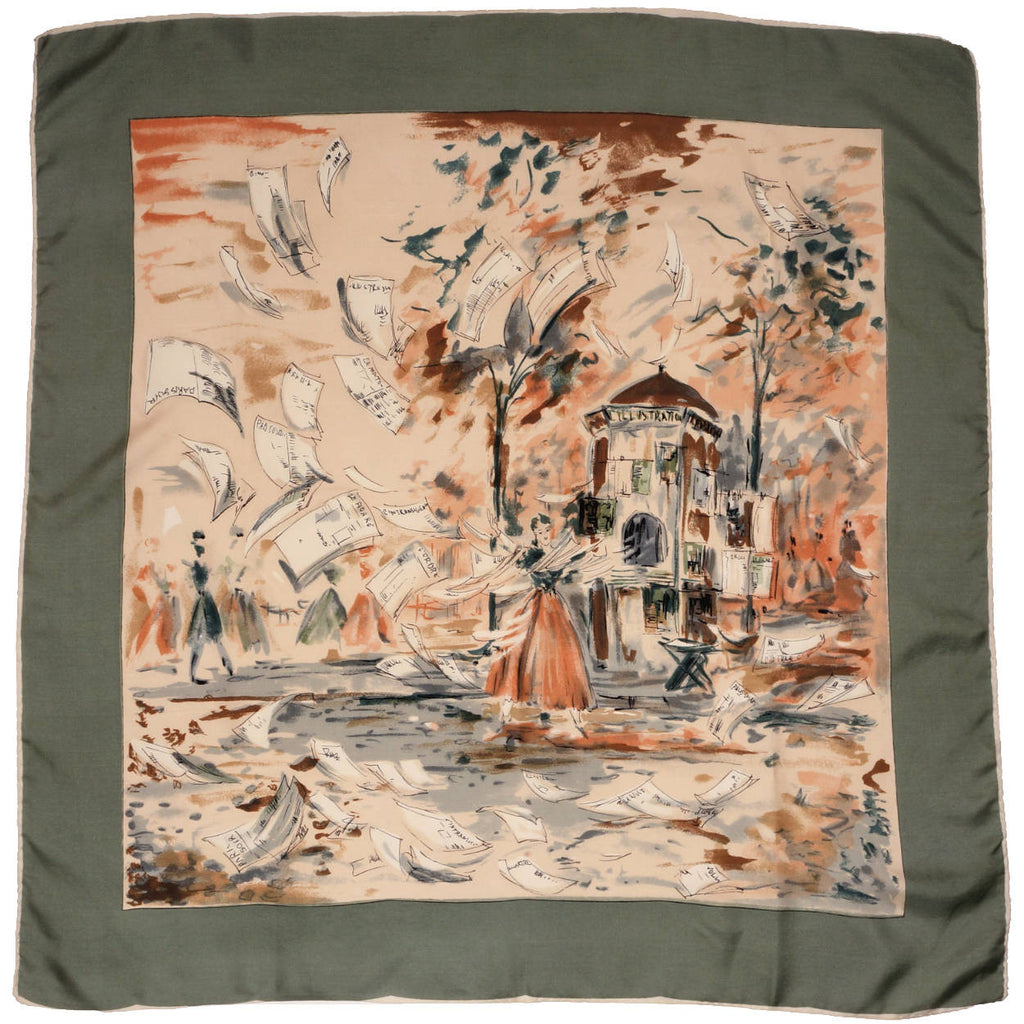 Vintage 1950s Silk Twill Scarf Windy Paris Street Scene Illustration Newspapers - Poppy's Vintage Clothing