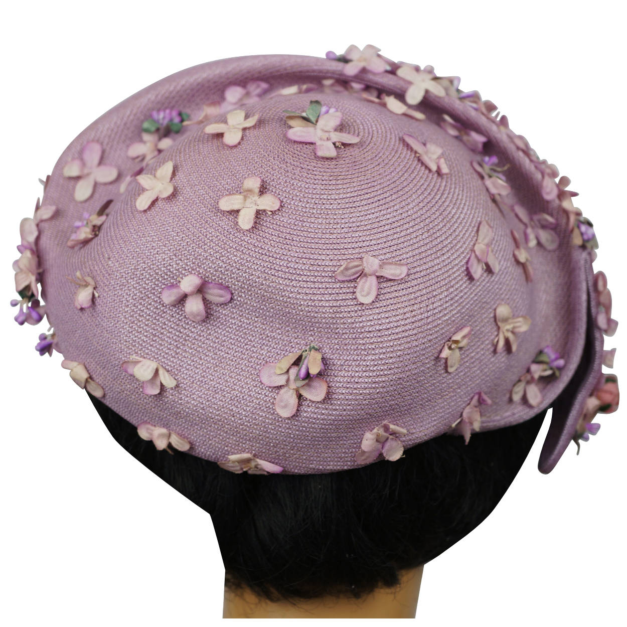 Vintage 1950s Simpsons Canada Half Hat Straw with Violet Floral Decoration - Poppy's Vintage Clothing