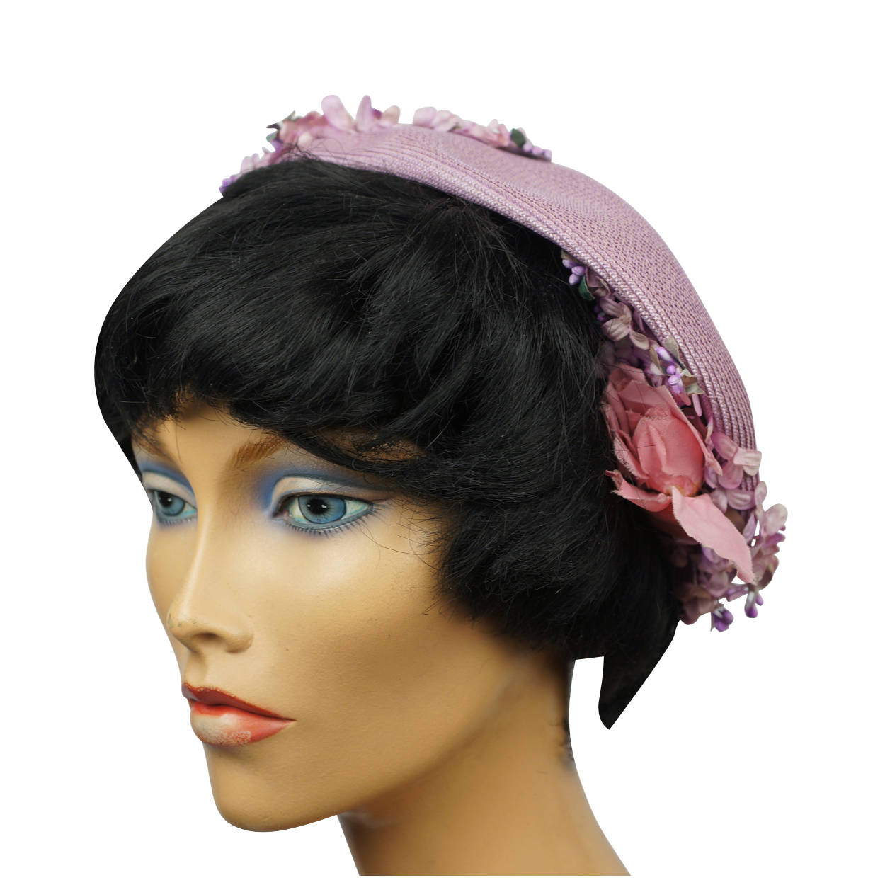 Vintage 1950s Simpsons Canada Half Hat Straw with Violet Floral Decoration - Poppy's Vintage Clothing