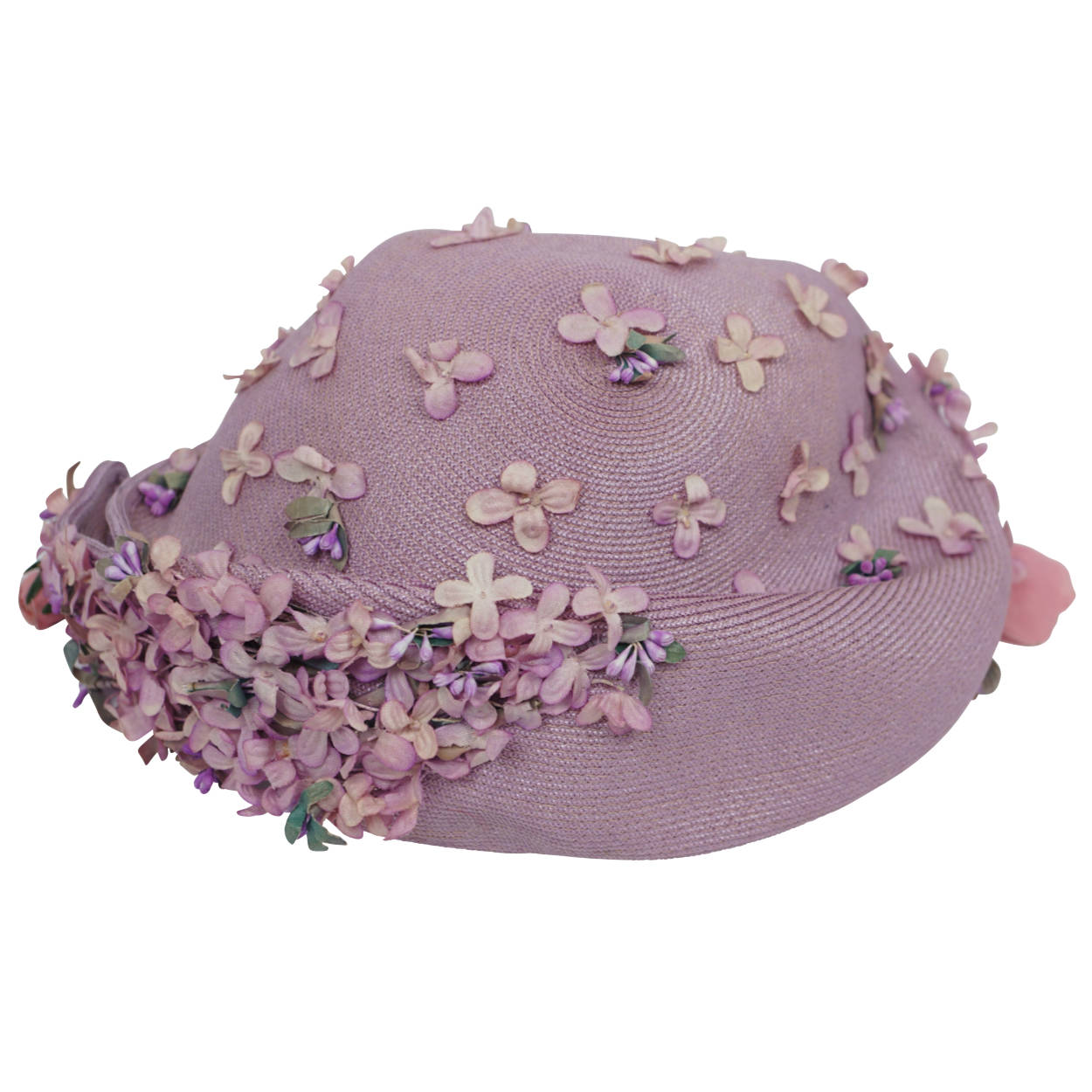 Vintage 1950s Simpsons Canada Half Hat Straw with Violet Floral Decoration - Poppy's Vintage Clothing