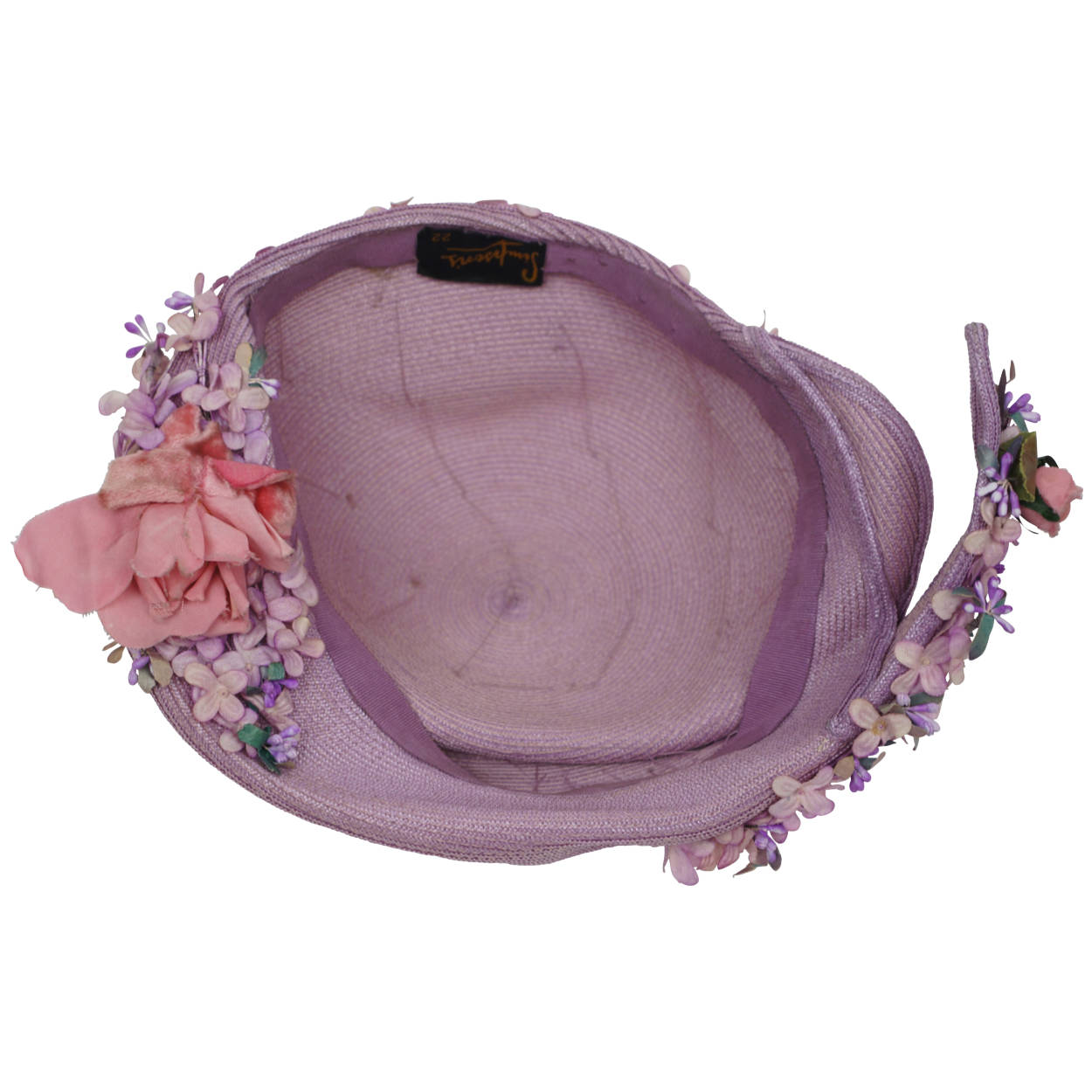 Vintage 1950s Simpsons Canada Half Hat Straw with Violet Floral Decoration - Poppy's Vintage Clothing