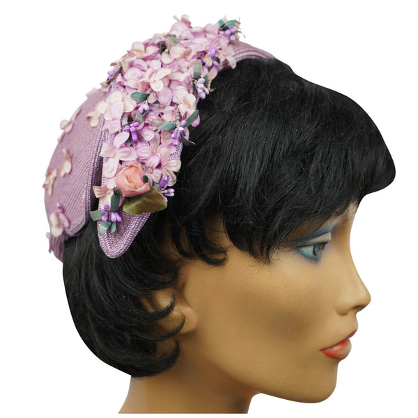 Vintage 1950s Simpsons Canada Half Hat Straw with Violet Floral Decoration - Poppy's Vintage Clothing