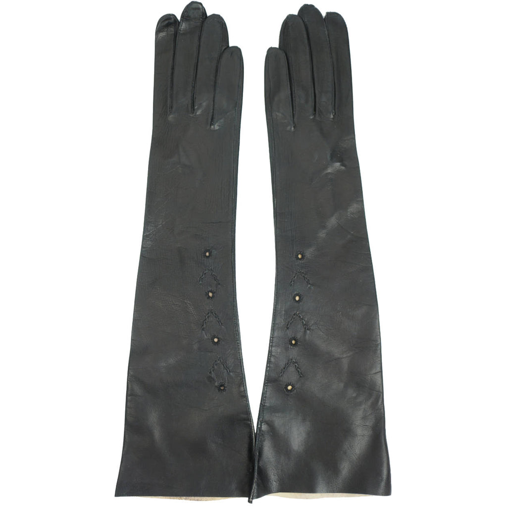Vintage Unused Evening Gloves Long Black Kid Leather Italy - Poppy's Vintage Clothing