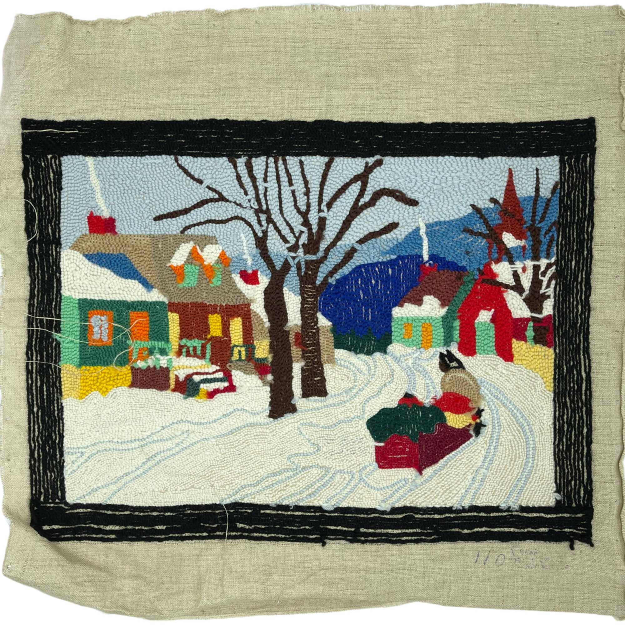 Vintage Canadian Folk Art Hooked Wall Rug Quebec Winter Scene