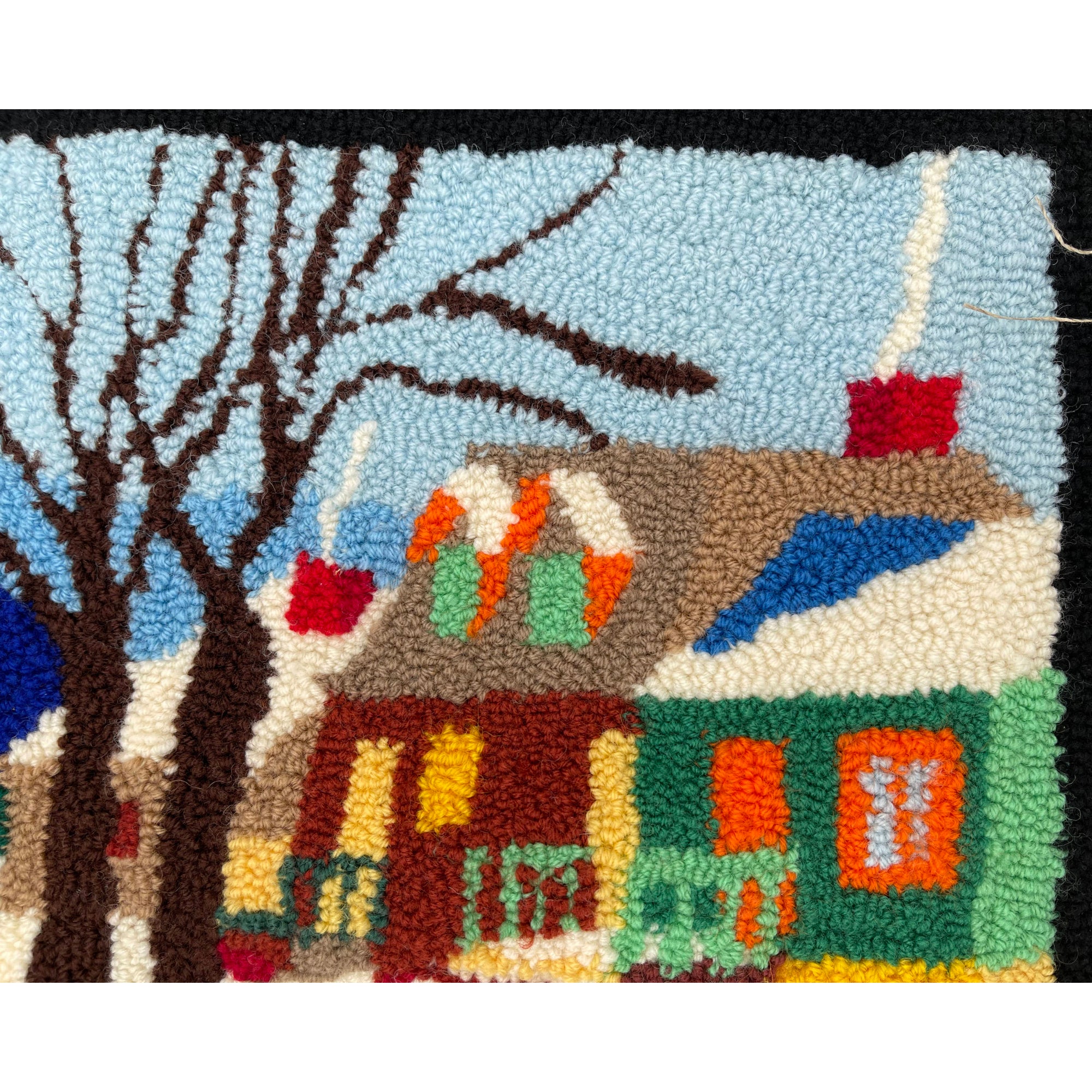 Vintage Canadian Folk Art Hooked Wall Rug Quebec Winter Scene