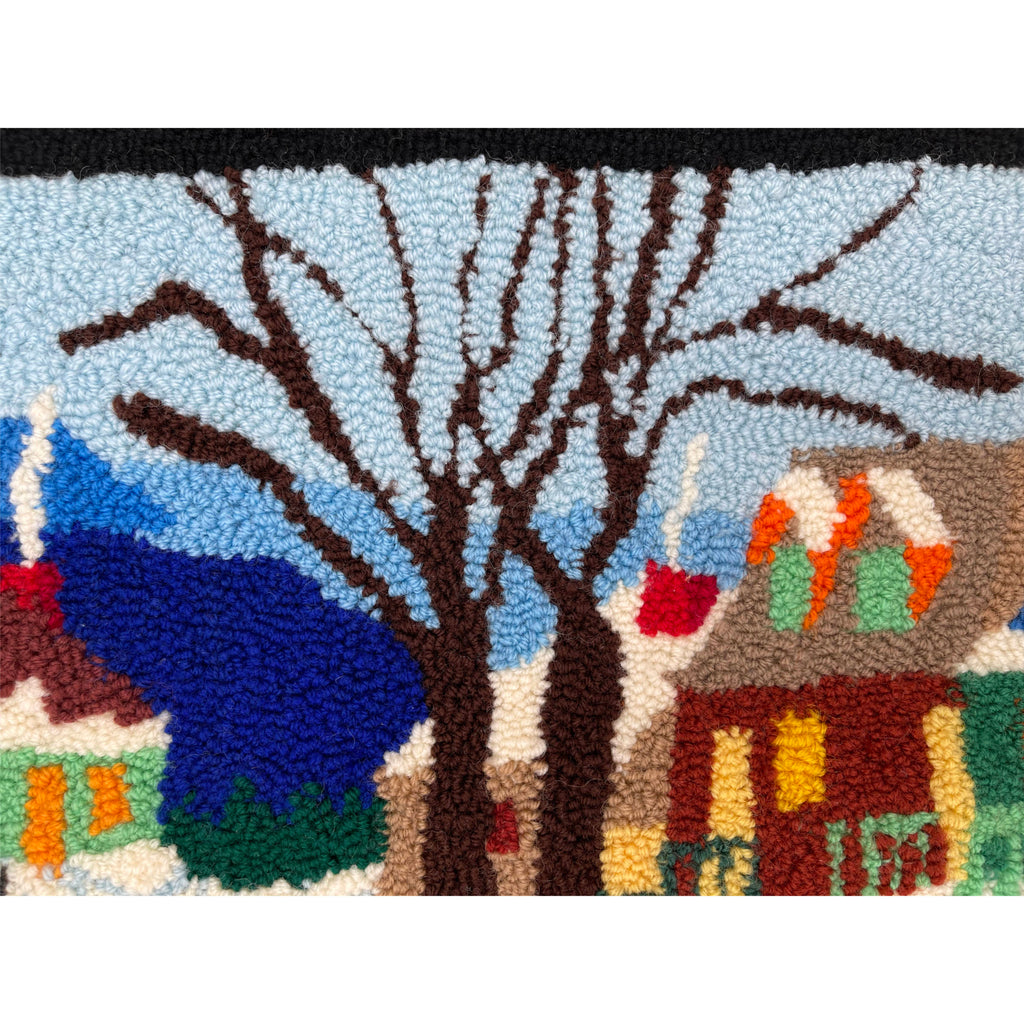 Vintage Canadian Folk Art Hooked Wall Rug Quebec Winter Scene