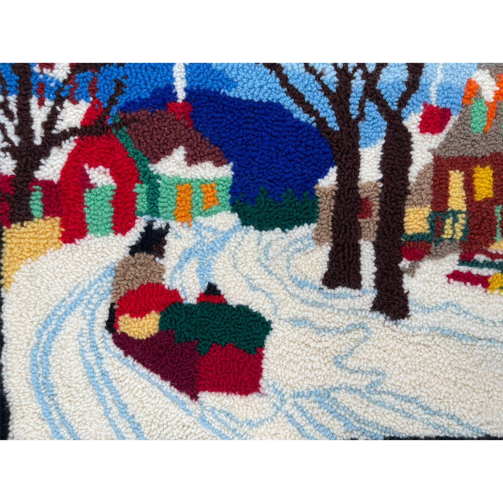 Vintage Canadian Folk Art Hooked Wall Rug Quebec Winter Scene