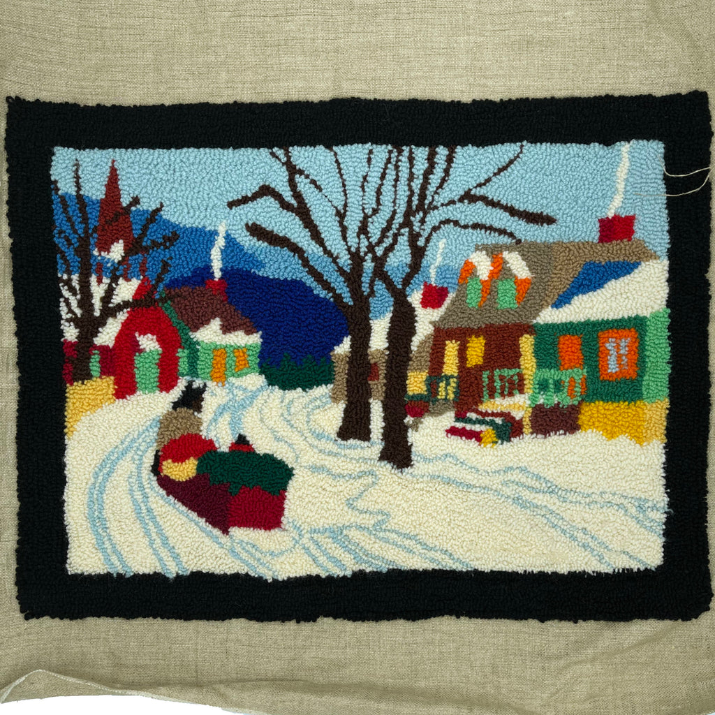 Vintage Canadian Folk Art Hooked Wall Rug Quebec Winter Scene
