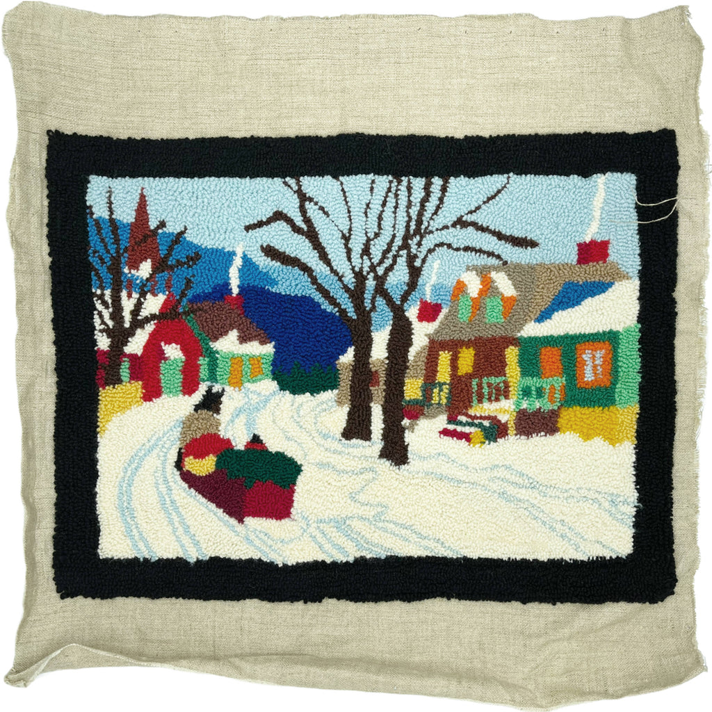 Vintage Canadian Folk Art Hooked Wall Rug Quebec Winter Scene