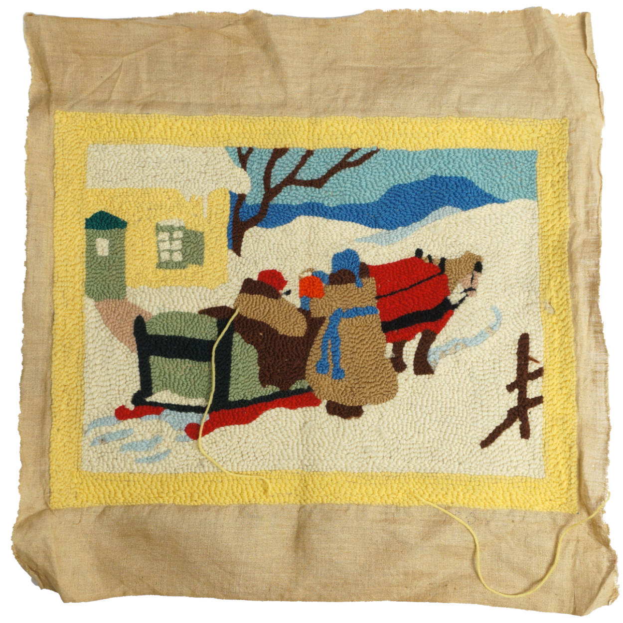 Vintage Canadian Folk Art Hooked Wall Rug Quebec Winter Scene Clarence Gagnon - Poppy's Vintage Clothing