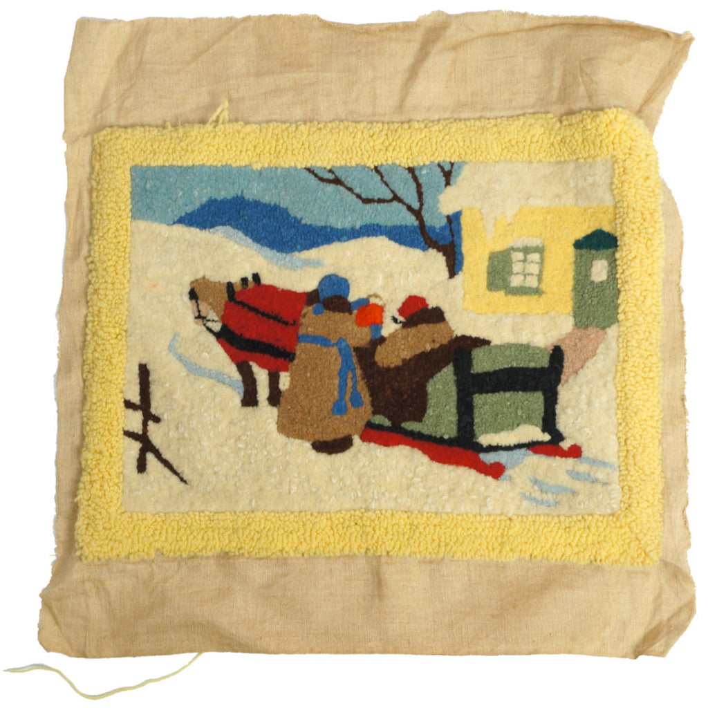 Vintage Canadian Folk Art Hooked Wall Rug Quebec Winter Scene Clarence Gagnon - Poppy's Vintage Clothing
