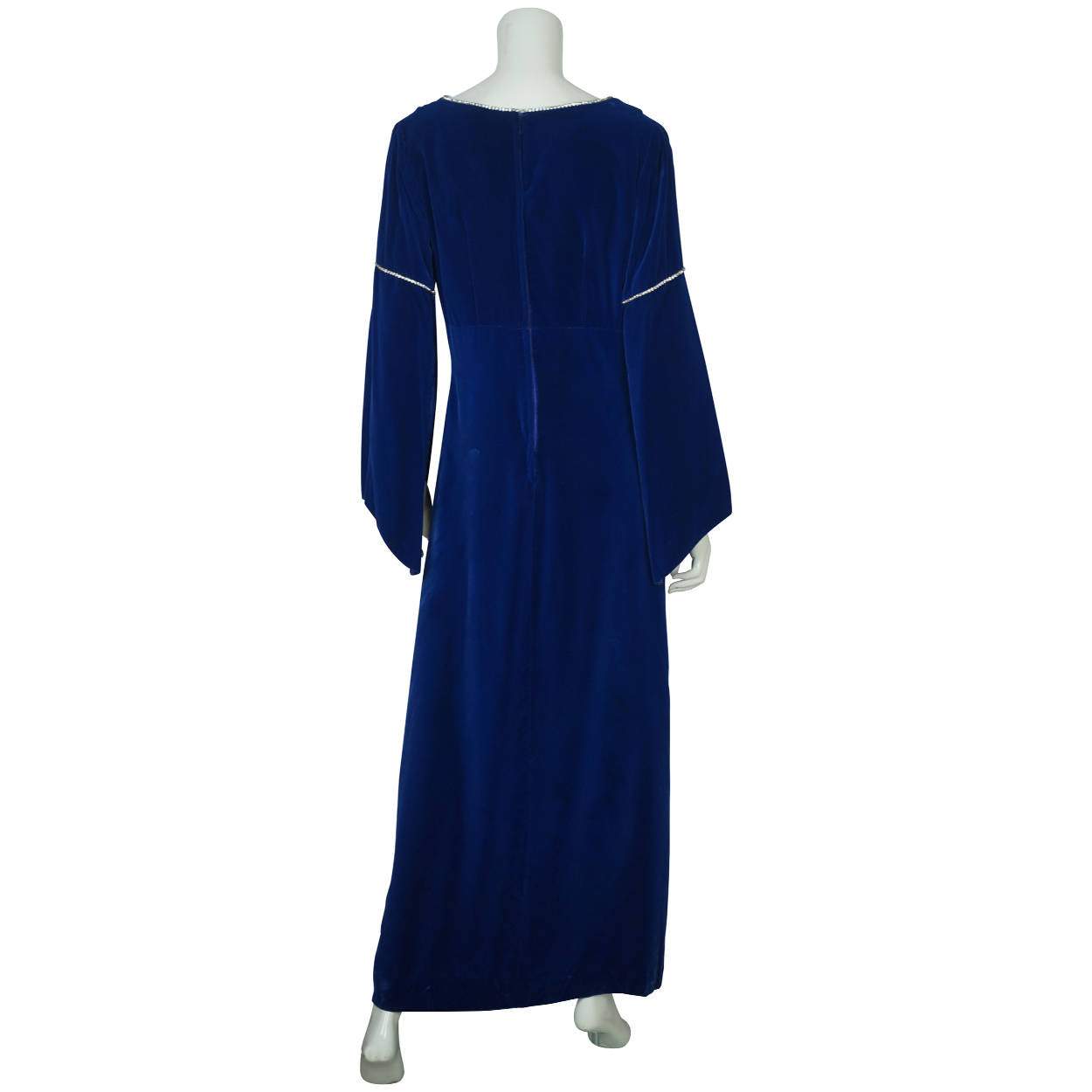 Vintage 70s Blue Velvet Bridesmaid Dress Split Bell Sleeve - Poppy's Vintage Clothing