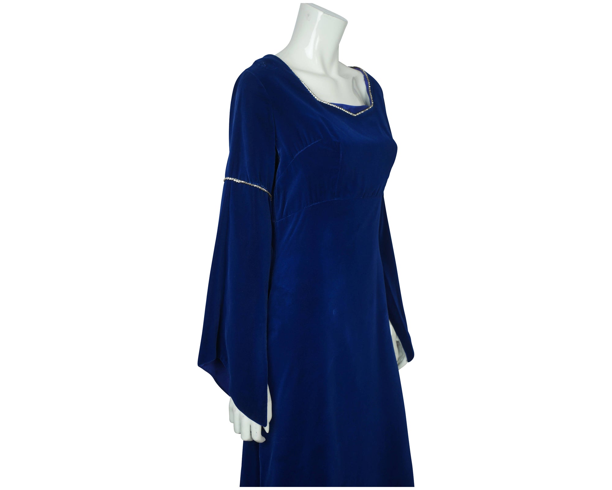 Vintage 70s Blue Velvet Bridesmaid Dress Split Bell Sleeve - Poppy's Vintage Clothing