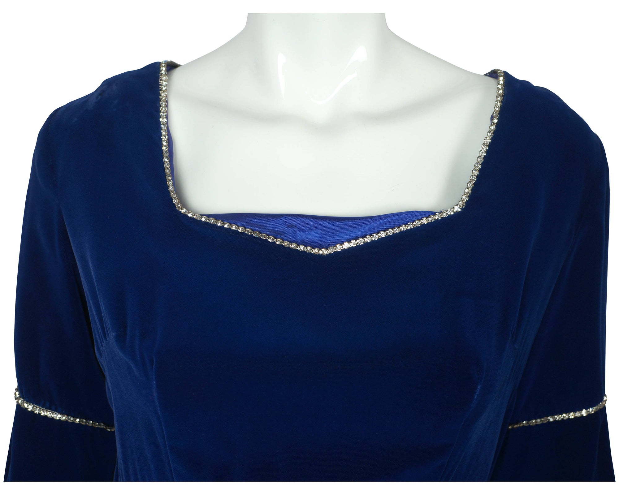 Vintage 70s Blue Velvet Bridesmaid Dress Split Bell Sleeve - Poppy's Vintage Clothing