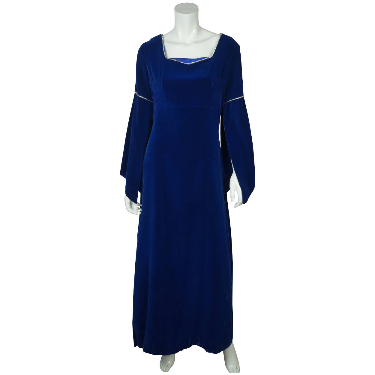 Vintage 70s Blue Velvet Maxi Dress Split Bell Sleeve