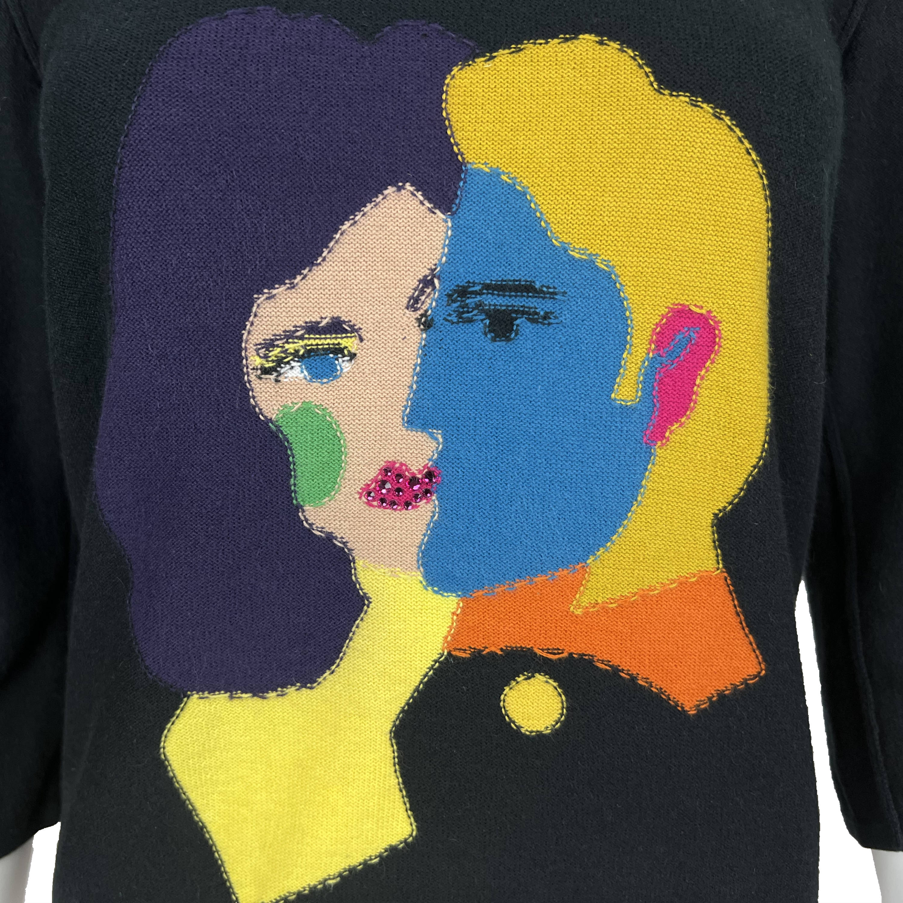 Vintage Sonia Rykiel Intarsia Sweater Man Woman Faces Sz 40