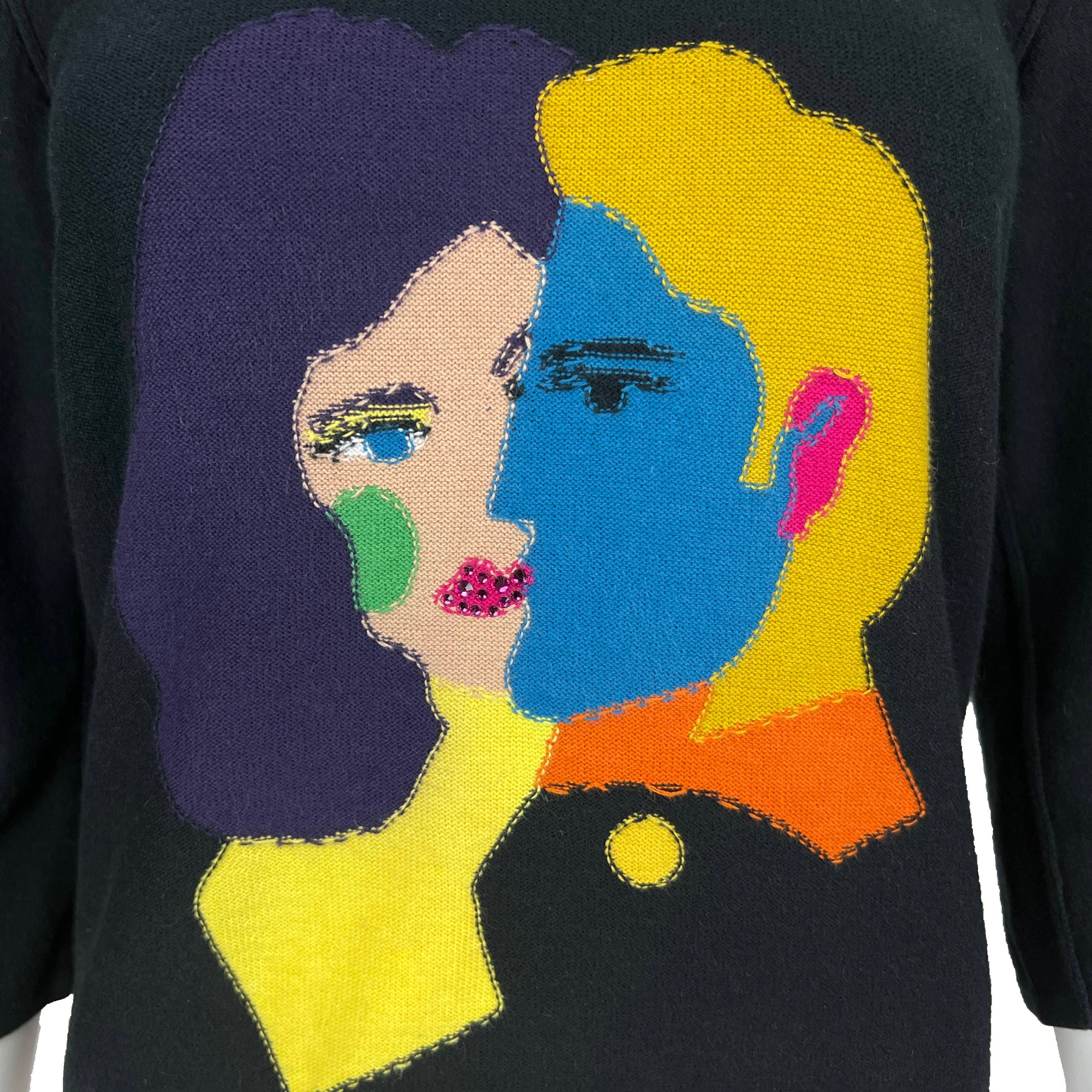 Vintage Sonia Rykiel Intarsia Sweater Man Woman Faces Sz 40