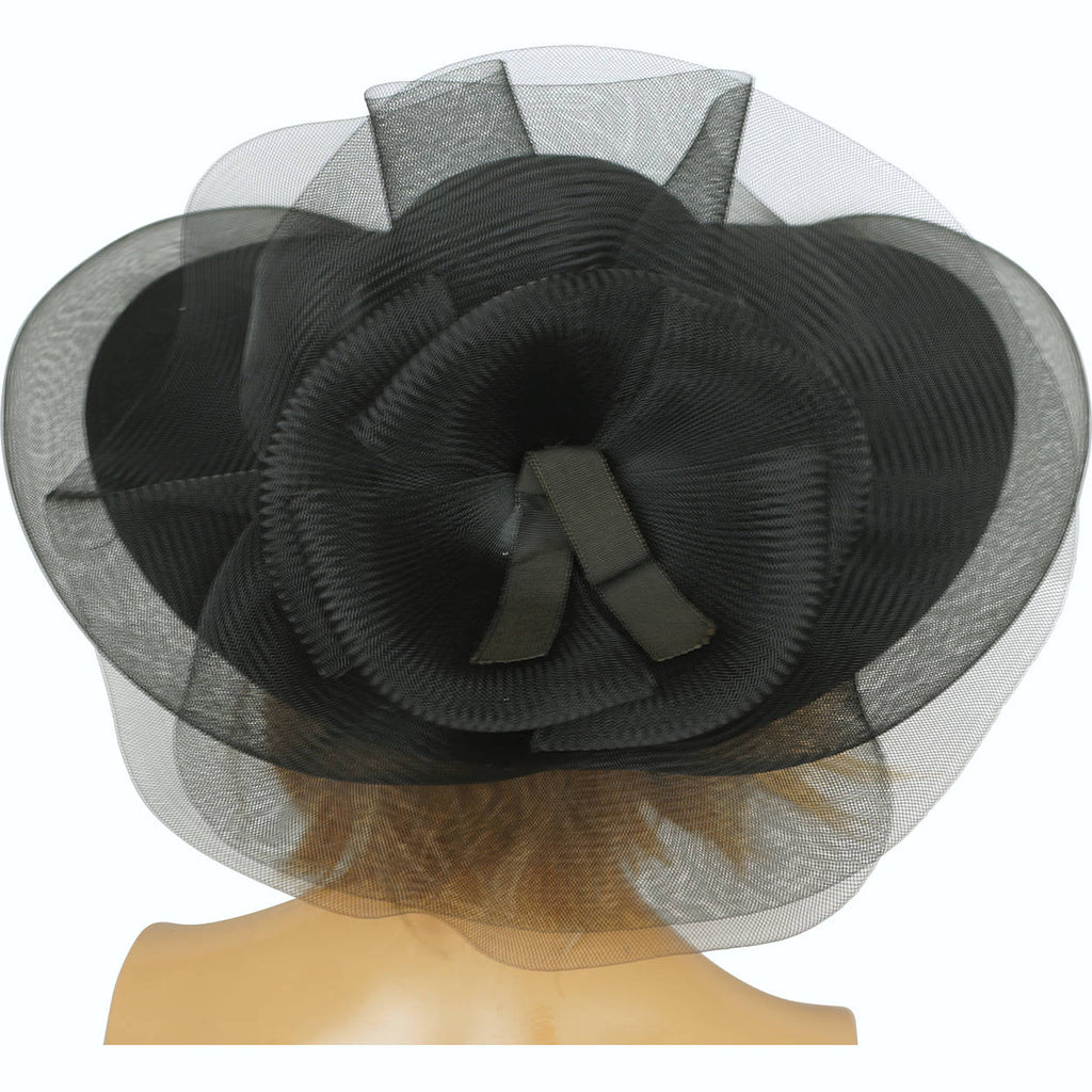 Vintage 1980s Sonni of San Francisco Hat Black Wool &amp; Net Wide Brim Size M - Poppy's Vintage Clothing