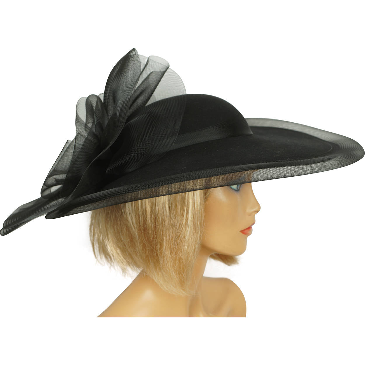 Vintage 1980s Sonni of San Francisco Hat Black Wool &amp; Net Wide Brim Size M - Poppy's Vintage Clothing