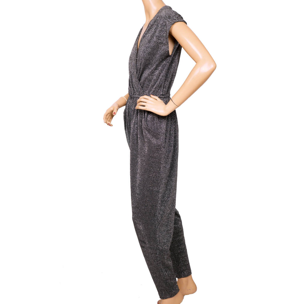 Vintage 1970s Disco Jumpsuit Authentic One Piece Silver Lurex Souffle Paris M L - Poppy's Vintage Clothing