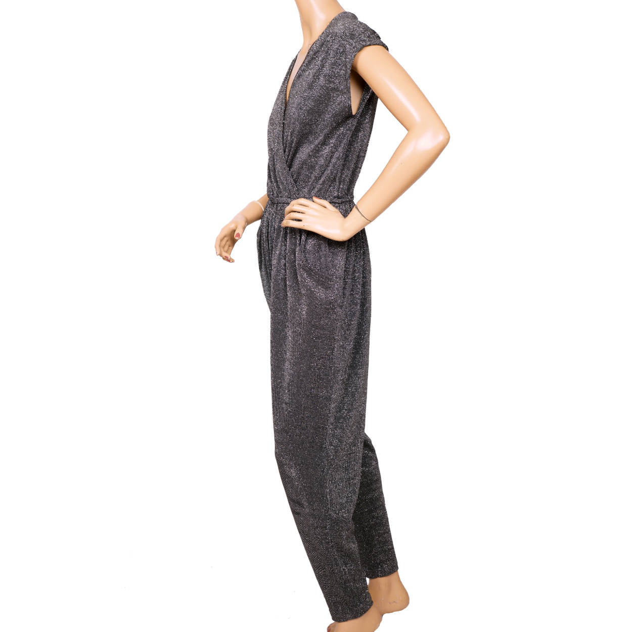 Vintage 1970s Disco Jumpsuit Authentic One Piece Silver Lurex Souffle Paris M L - Poppy's Vintage Clothing
