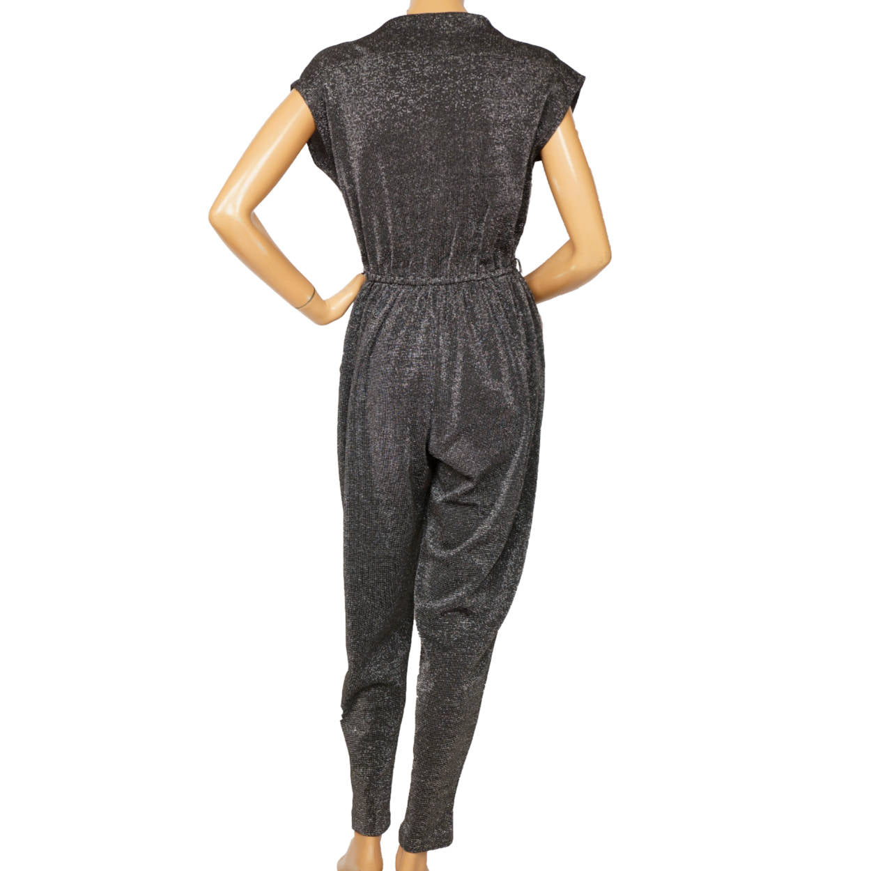 Vintage 1970s Disco Jumpsuit Authentic One Piece Silver Lurex Souffle Paris M L - Poppy's Vintage Clothing