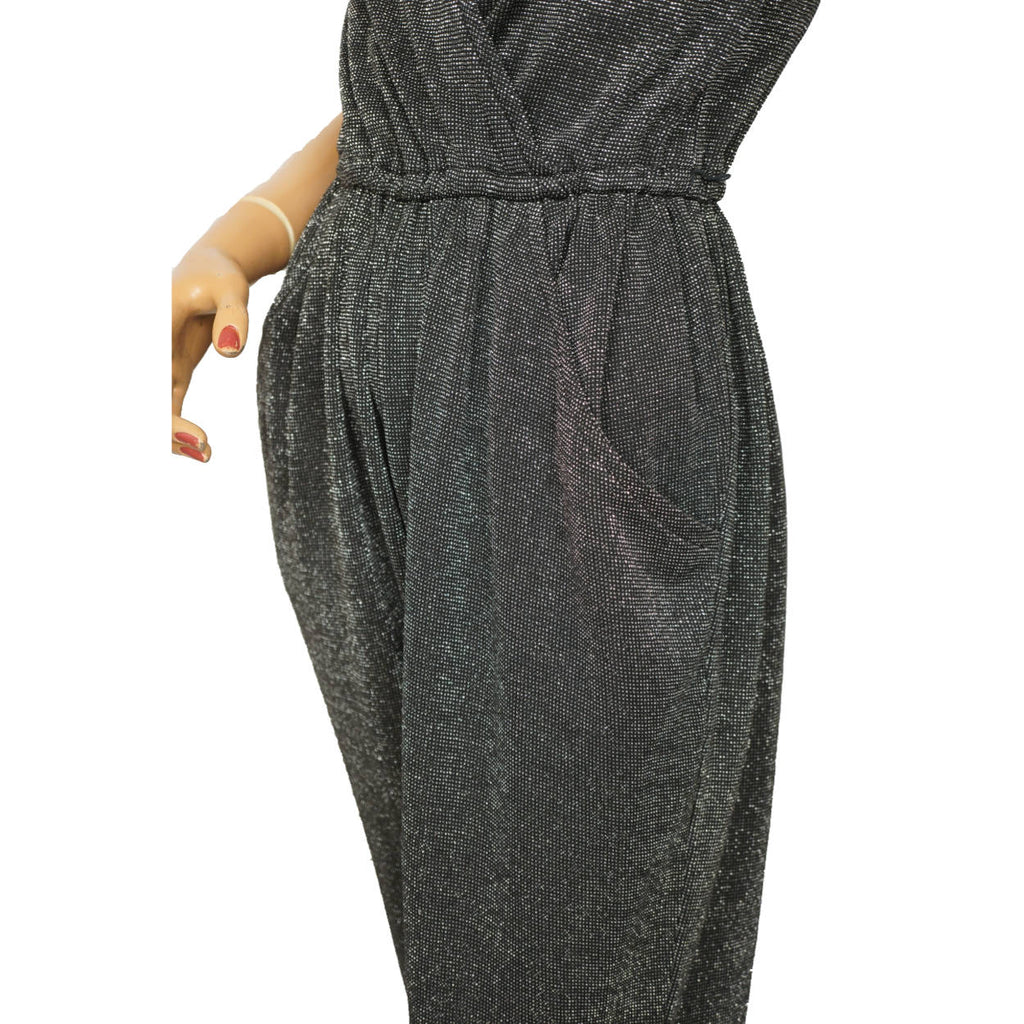 Vintage 1970s Disco Jumpsuit Authentic One Piece Silver Lurex Souffle Paris M L - Poppy's Vintage Clothing