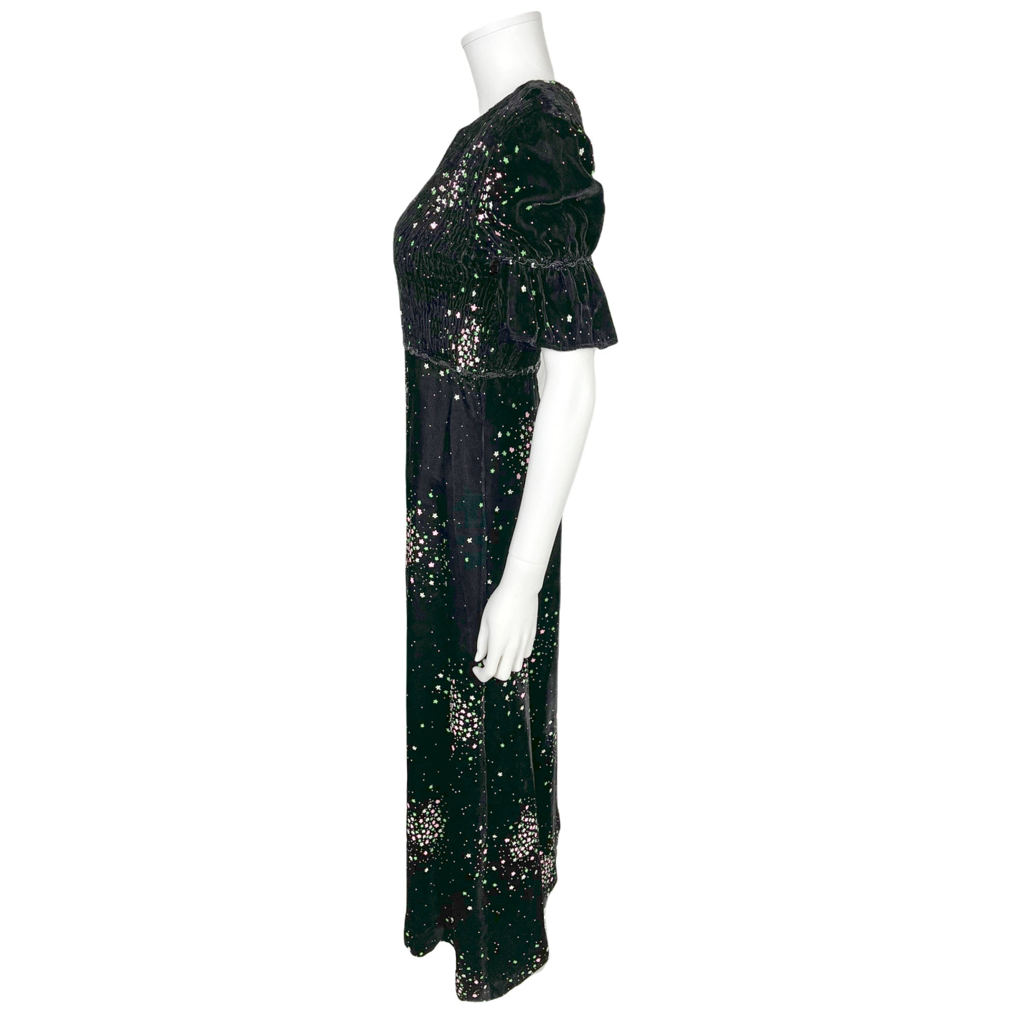 Vintage 1970s Black Velvet Dress with Dayglo Stars Size M