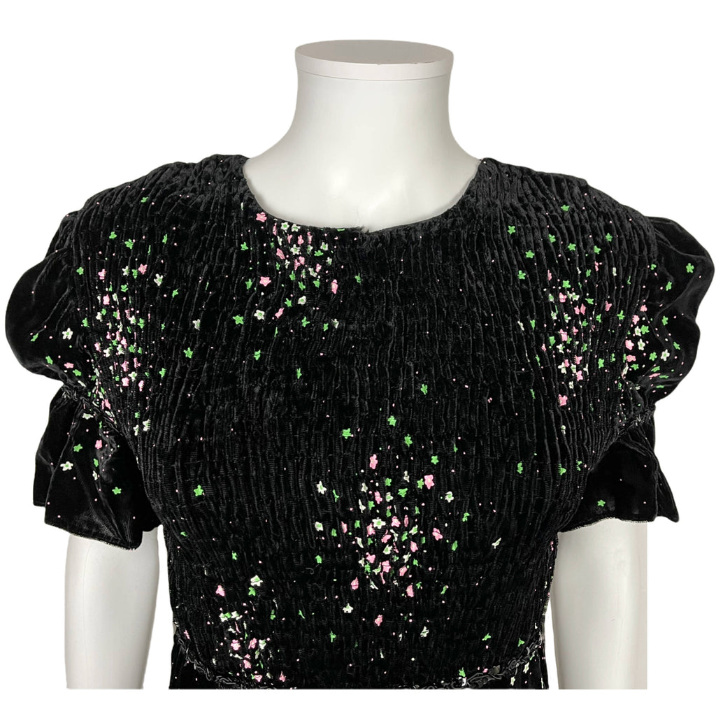 Vintage 1970s Black Velvet Dress with Dayglo Stars Size M