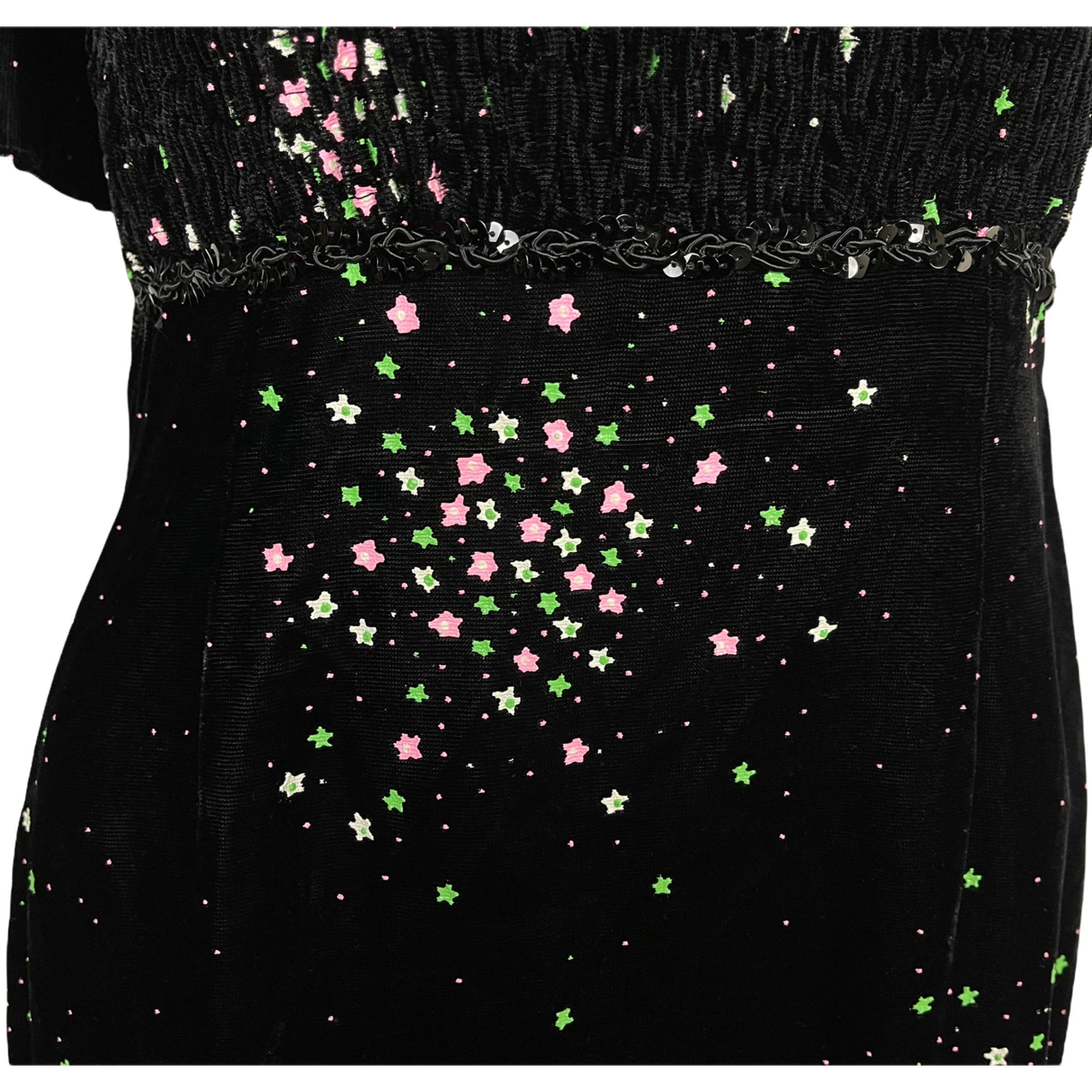 Vintage 1970s Black Velvet Dress with Dayglo Stars Size M