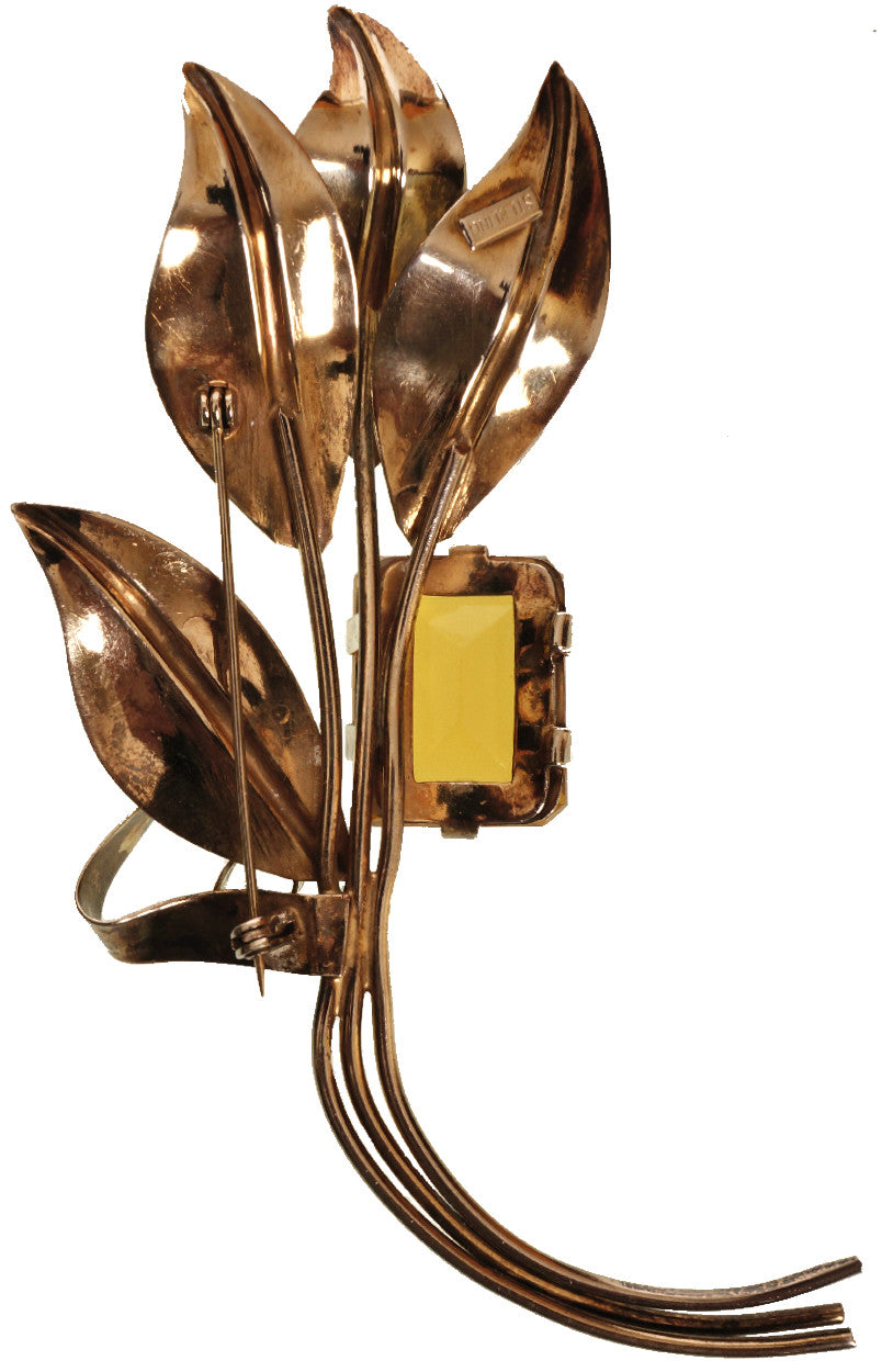 Vintage 1940s Sterling Vermeil Flower Brooch with Topaz Glass - Poppy's Vintage Clothing