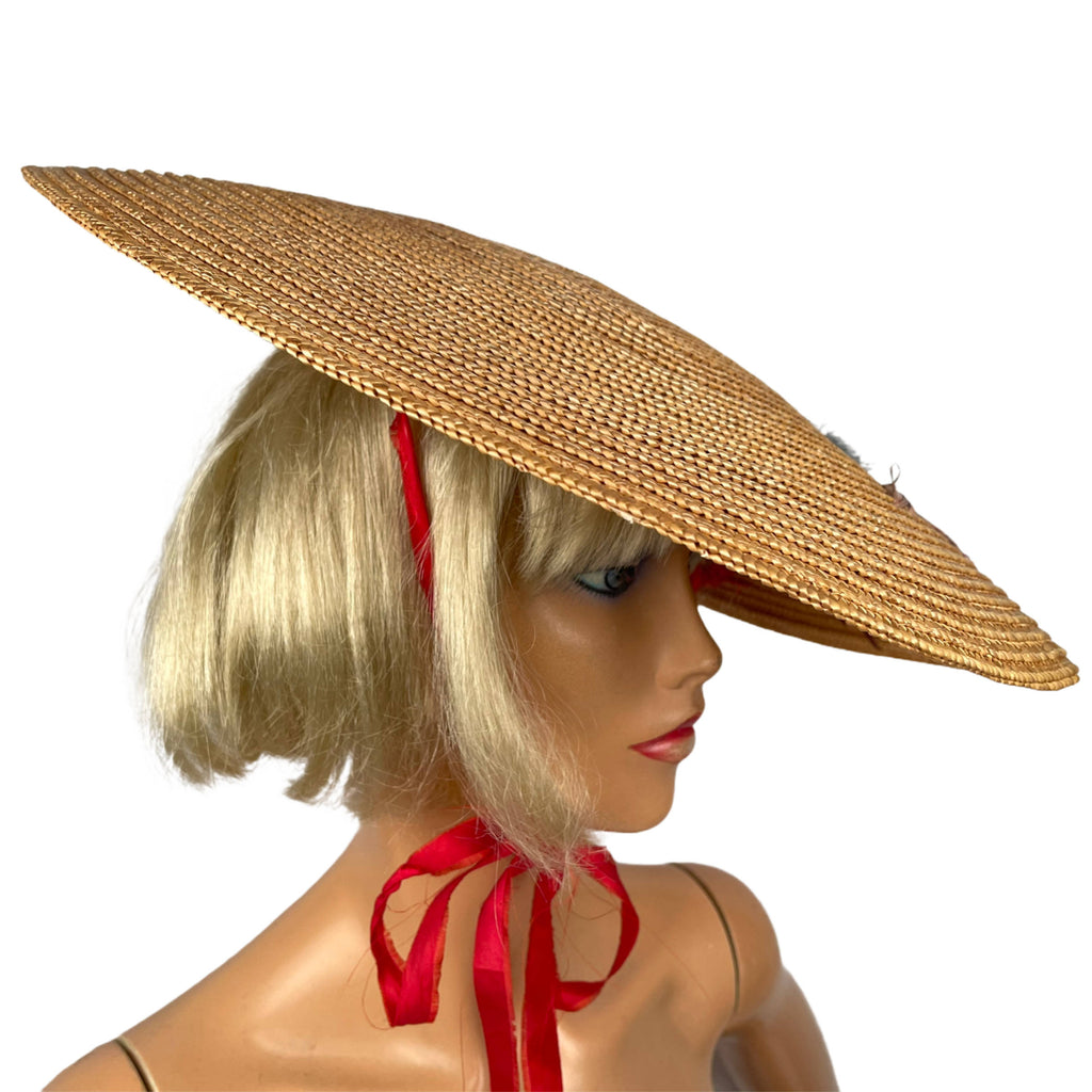 Vintage 1940s Straw Platter Hat Embroidered Flowers One Size